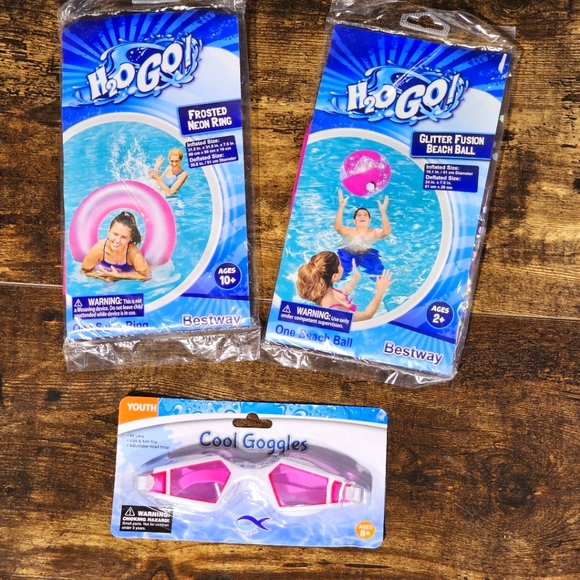 summer swimming pool inflatable set of 3 floatie ring beach ball swim goggles - Picture 1 of 3